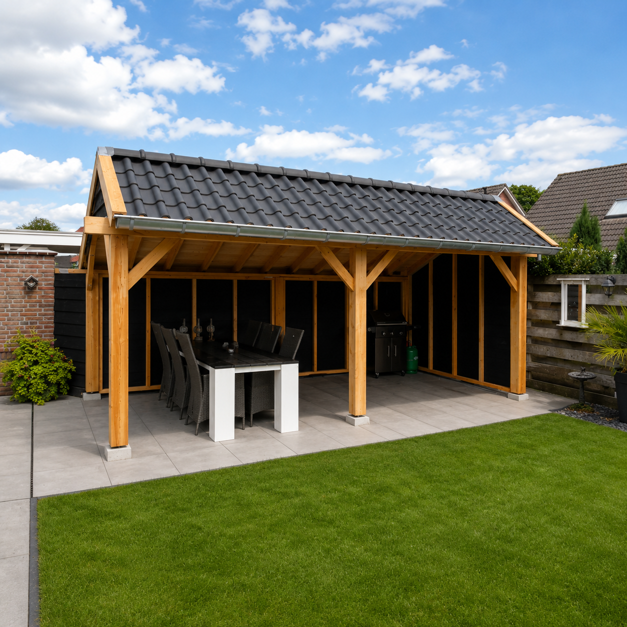 Overkapping van Douglas hout in een tuin